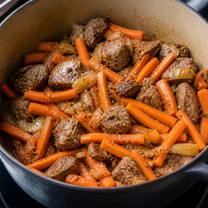 Bastones de zanahoria y especias cocinándose con cordero y cebolla