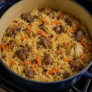 Plov cocido esponjado con cordero y zanahorias en la olla