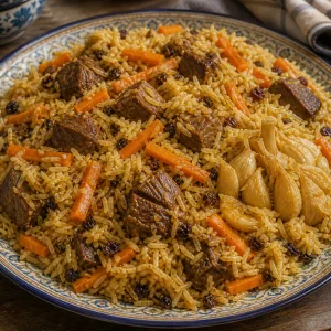 Plov terminado servido en una fuente amplia con cordero, zanahorias y ajo