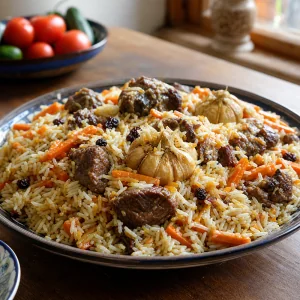 Finished Uzbek plov with lamb, carrots, garlic, and rice on a platter