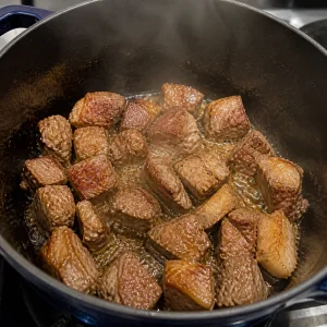 Trozos de cordero dorándose en aceite caliente en una olla pesada