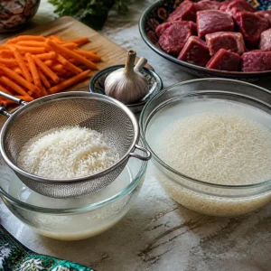 Arroz de grano largo enjuagándose y remojándose junto a ingredientes del plov