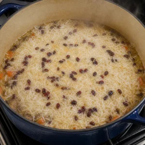 Arroz hirviendo sin tapa con agua burbujeando en la superficie
