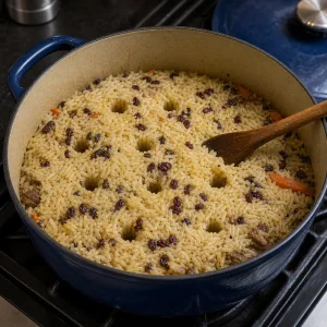 Agujeros de vapor hechos en el arroz antes de tapar la olla
