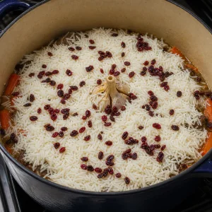 Arroz crudo extendido sobre cordero y zanahorias con agracejos encima