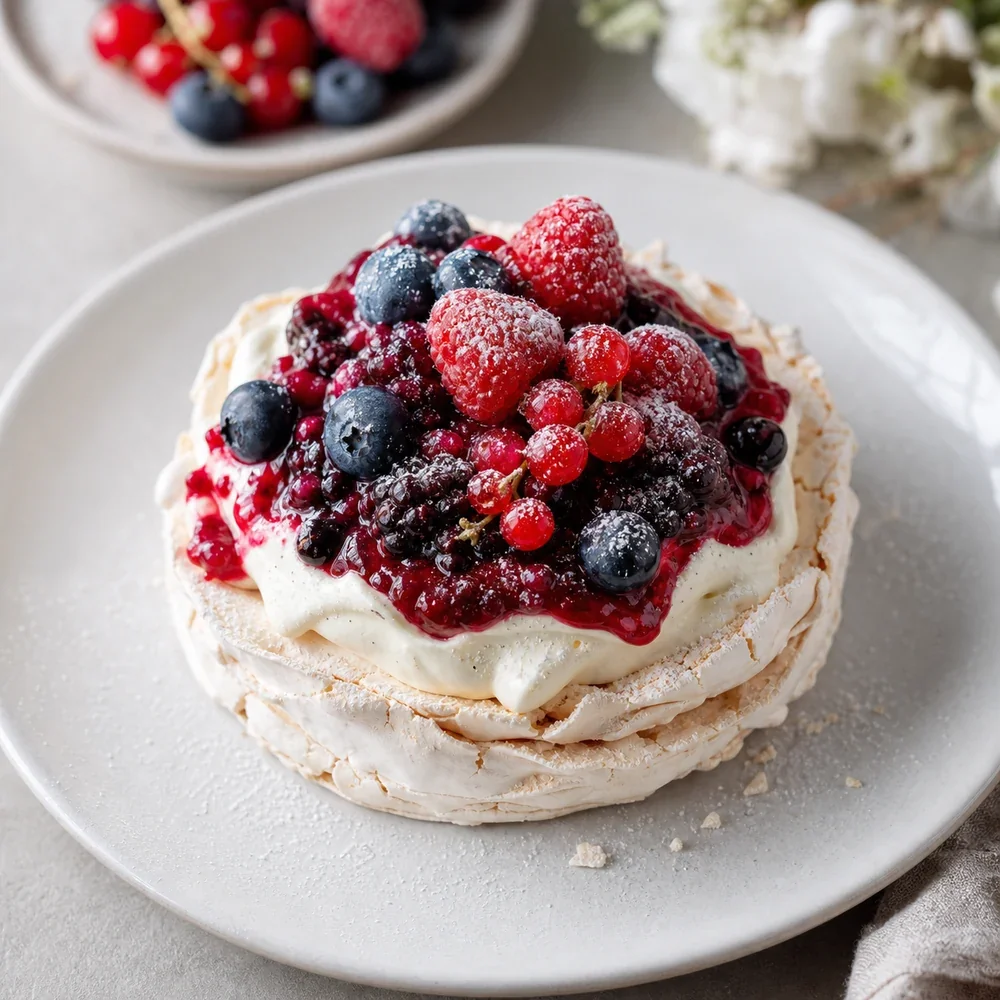 Vacherin glace finalizado com creme de baunilha e compota de frutos vermelhos