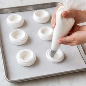 Merengue moldado em ninhos sobre circulos guia no papel vegetal