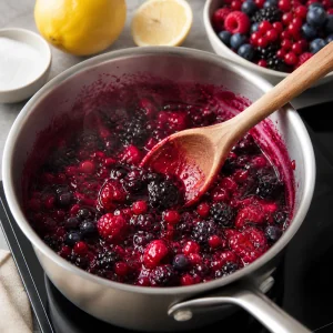 Frutos vermelhos a cozinhar com acucar e sumo de limao para compota