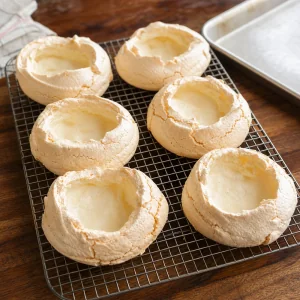 Ninhos de merengue assados e dourados claros a arrefecer numa grelha