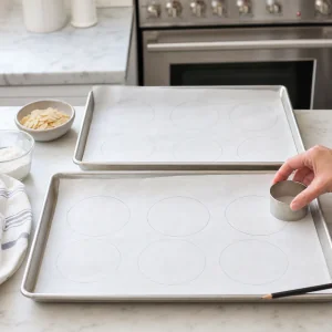 Tabuleiros forrados com papel vegetal marcados com circulos para ninhos de merengue