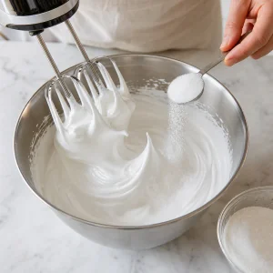Acucar adicionado aos poucos ao merengue brilhante com picos firmes