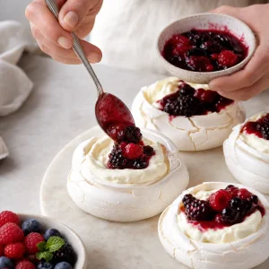 Creme de baunilha colocado nas conchas de merengue e coberto com compota de frutos vermelhos