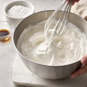 Creme de baunilha batido com acucar em po ate formar picos firmes