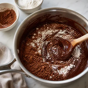 Cocoa powder and flour stirred into chocolate batter