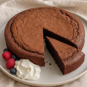 Finished French chocolate cake with a sliced wedge, whipped cream, and berries