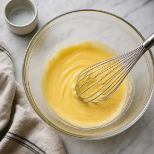 Pale egg yolk and sugar mixture whisked in a bowl