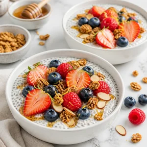 Chia pudding bowls topped with berries, granola, and almonds