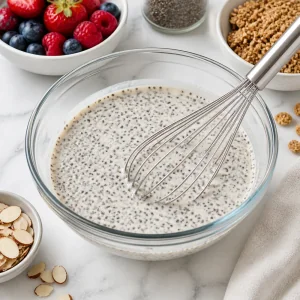 Chia seeds whisked into creamy vanilla almond mixture