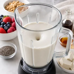 Creamy vanilla almond base blended smooth in a blender