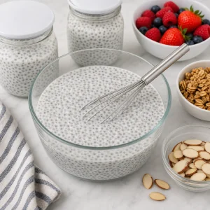 Set chia pudding resting in jars with berries nearby