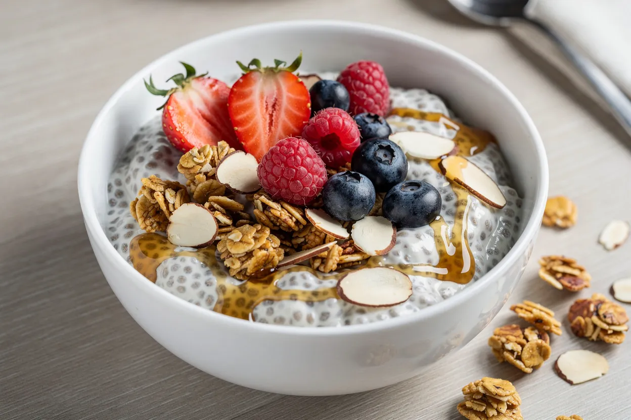 Vanilla Almond Chia Pudding with Berries & Granola