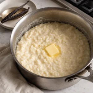 Butter melting into cooked vanilla rice pudding