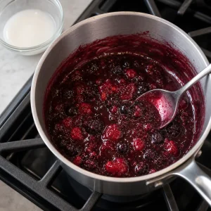 Glossy berry sauce thickened in a saucepan
