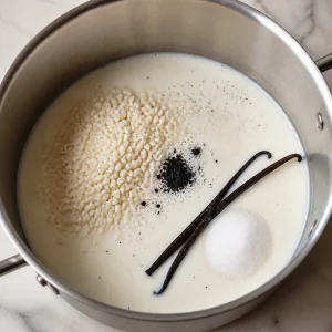 Milk, rice, sugar, and vanilla in a saucepan