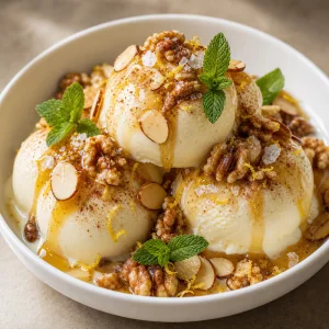 Finished vanilla ice cream dessert with honey, nuts, mint, and lemon zest