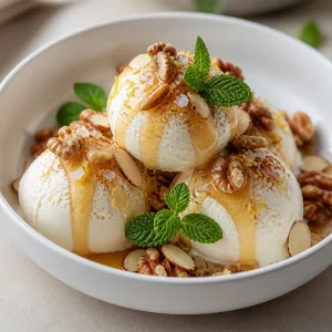Ice cream with honey, toasted nuts, sea salt, and mint