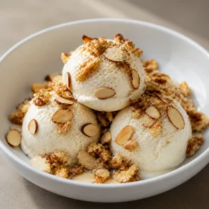 Toasted nuts scattered over vanilla ice cream scoops