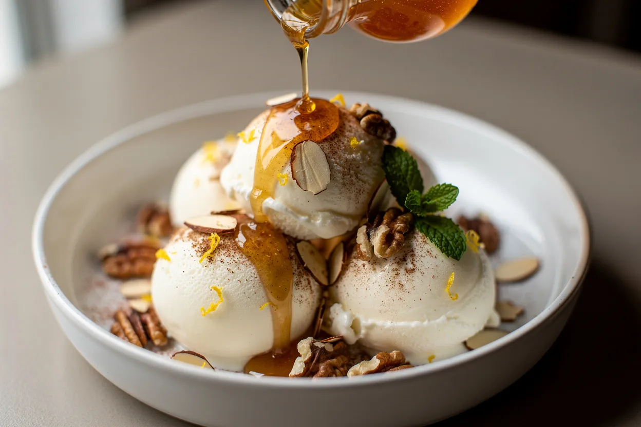 Vanilla Ice Cream Balls with Warm Honey and Toasted Nuts