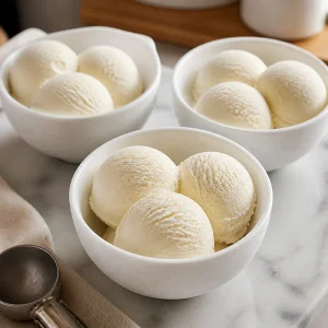 Vanilla ice cream scoops in chilled white bowls