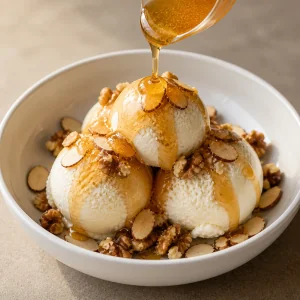 Warm honey drizzled over vanilla ice cream and toasted nuts