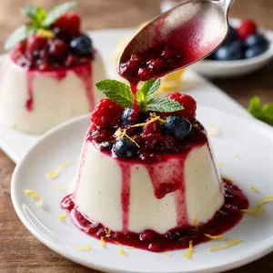 Berry compote spooned over set panna cotta with mint