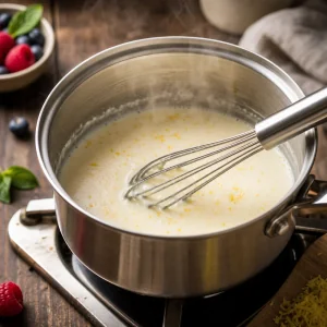 Cream mixture steaming in a saucepan with lemon zest