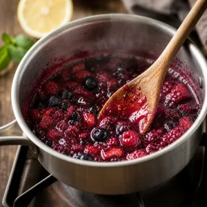 Mixed berry compote simmering in a small saucepan