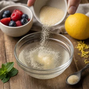 Powdered gelatin falling into a bowl of cold water