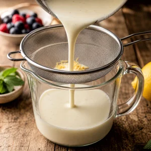 Vanilla cream poured through a fine sieve into a measuring cup