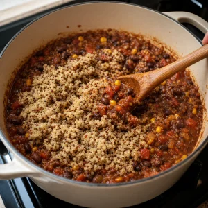 Cooked quinoa folded into thick vegan black bean chili with a wooden spoon