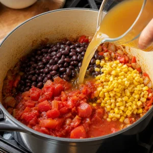 Diced tomatoes black beans corn and vegetable broth poured into the chili pot