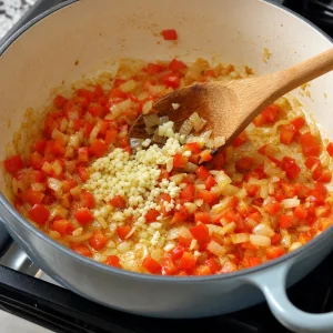 Minced garlic stirred into softened onion and red bell pepper in olive oil