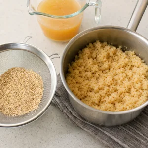 Quinoa rinsed in a fine mesh sieve beside a small pot of cooked fluffy quinoa