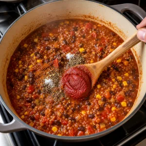 Tomato paste and seasonings stirred into black bean chili with corn and tomatoes