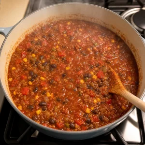 Vegan black bean chili gently simmering uncovered in a large pot