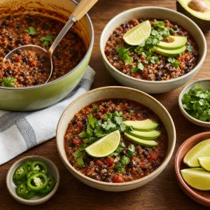 Vegan black bean quinoa chili served hot with cilantro avocado lime and jalapenos