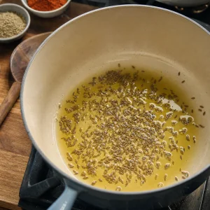 Sementes de cominho a chiar em azeite numa panela grande