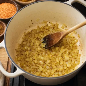 Cebola em cubos macia e dourada numa panela grande com azeite de cominho