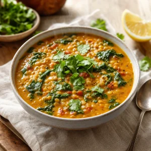 Sopa vegana de dal de lentilhas e espinafre finalizada com leite de coco coentro e limao