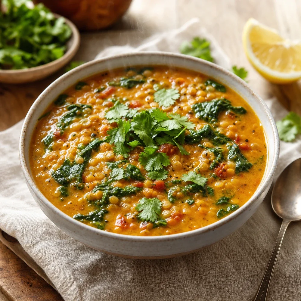 Sopa vegana de dal de lentilhas e espinafre finalizada com leite de coco coentro e limao